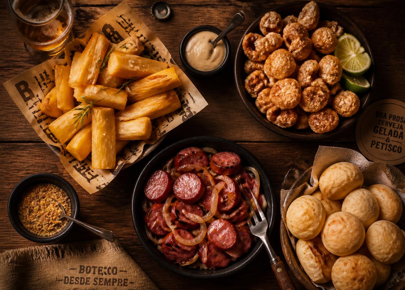 Mesa de madeira com porções de boteco: mandioca frita, torresmo, calabresa e pão de queijo